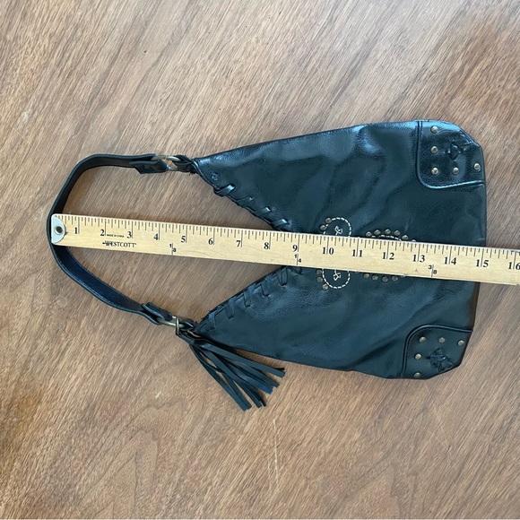 Small Leather Like Goth Biker Mob Wife Fringe Studded Jeweled Shoulder Bag - Picture 7 of 8